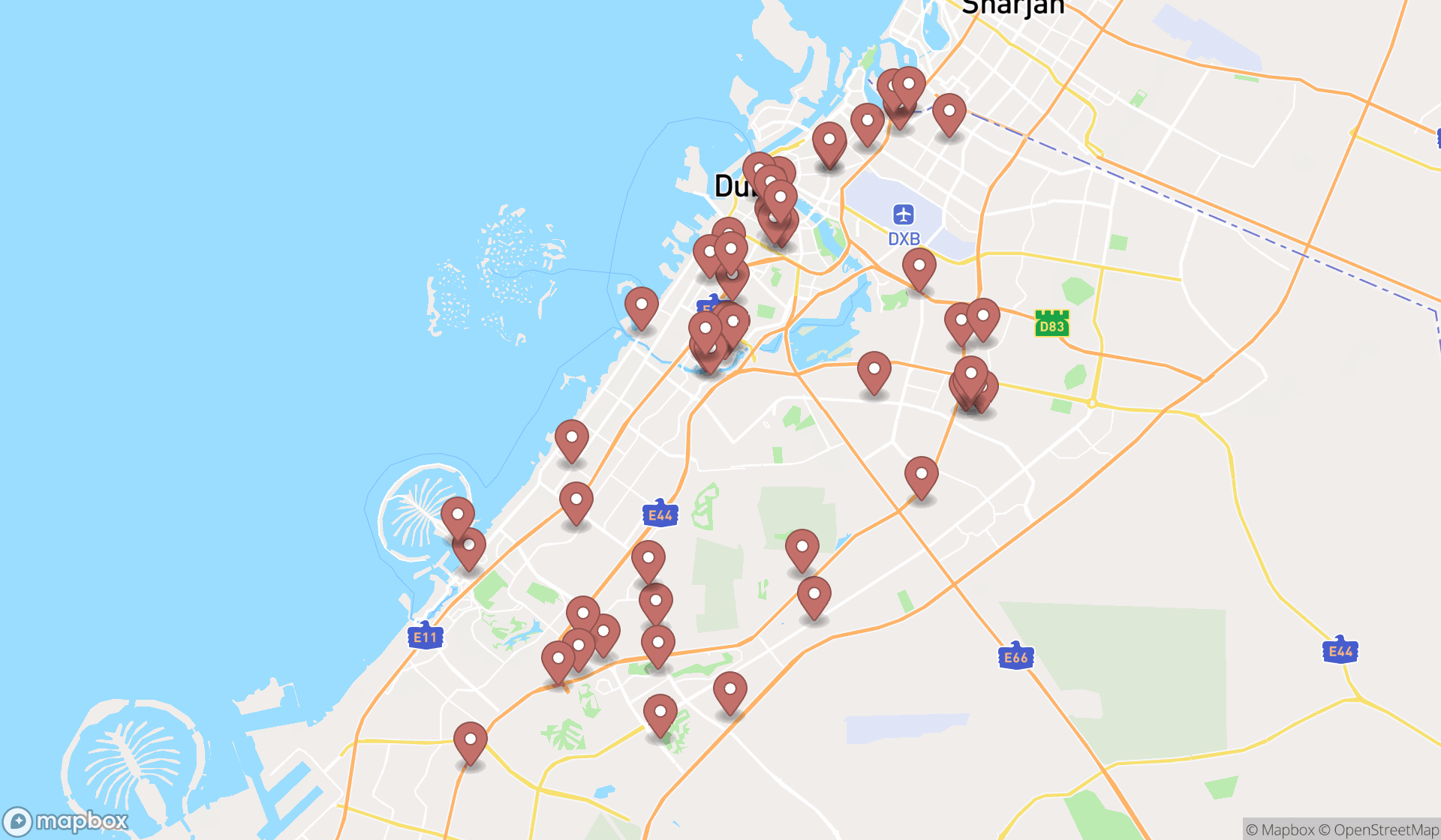 Map showing the search results in Dubai