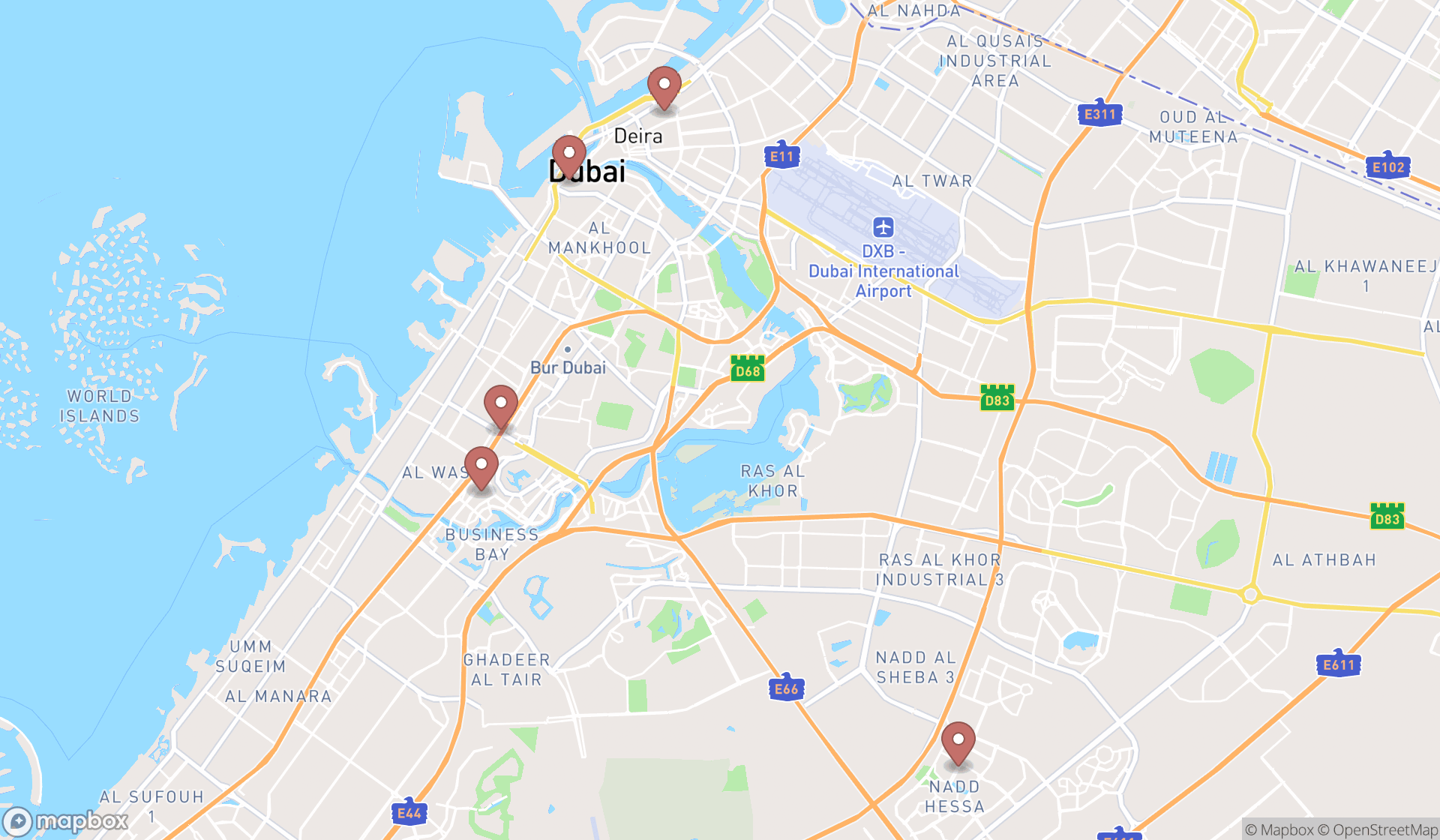 Map showing the search results in Dubai