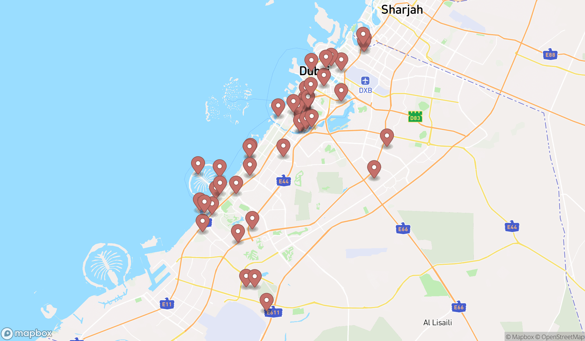 Map showing the search results in Dubai