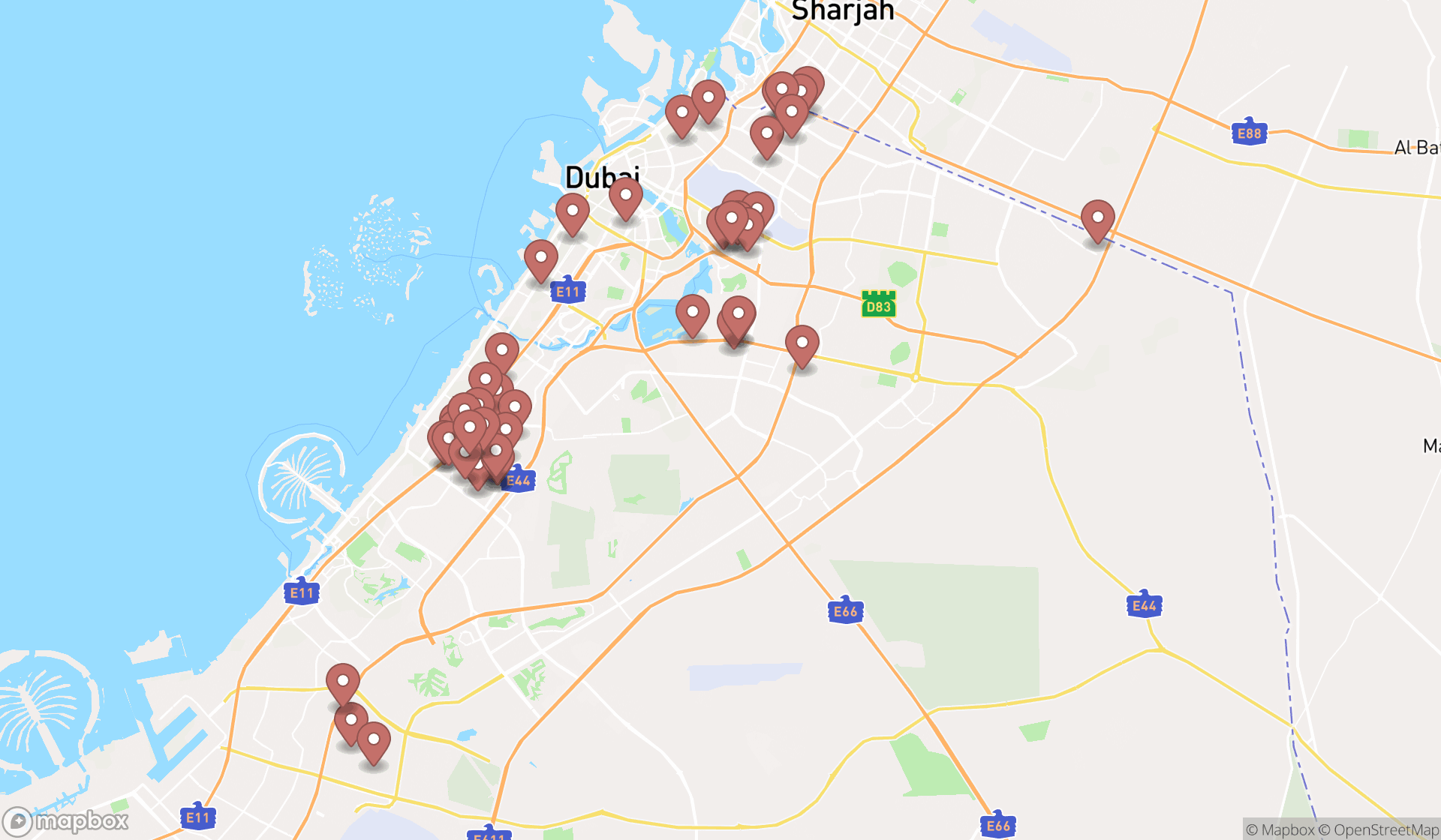 Map showing the search results in Dubai