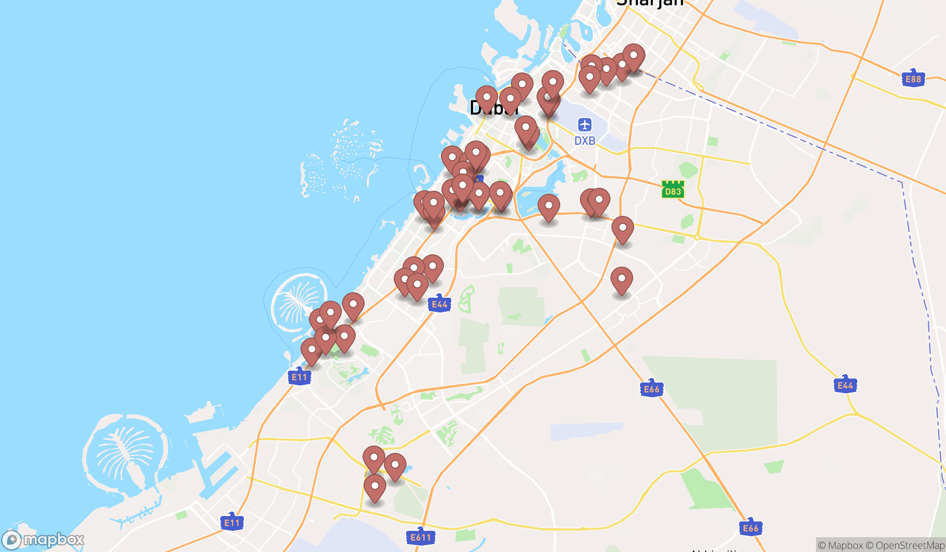 Map showing the search results in Dubai