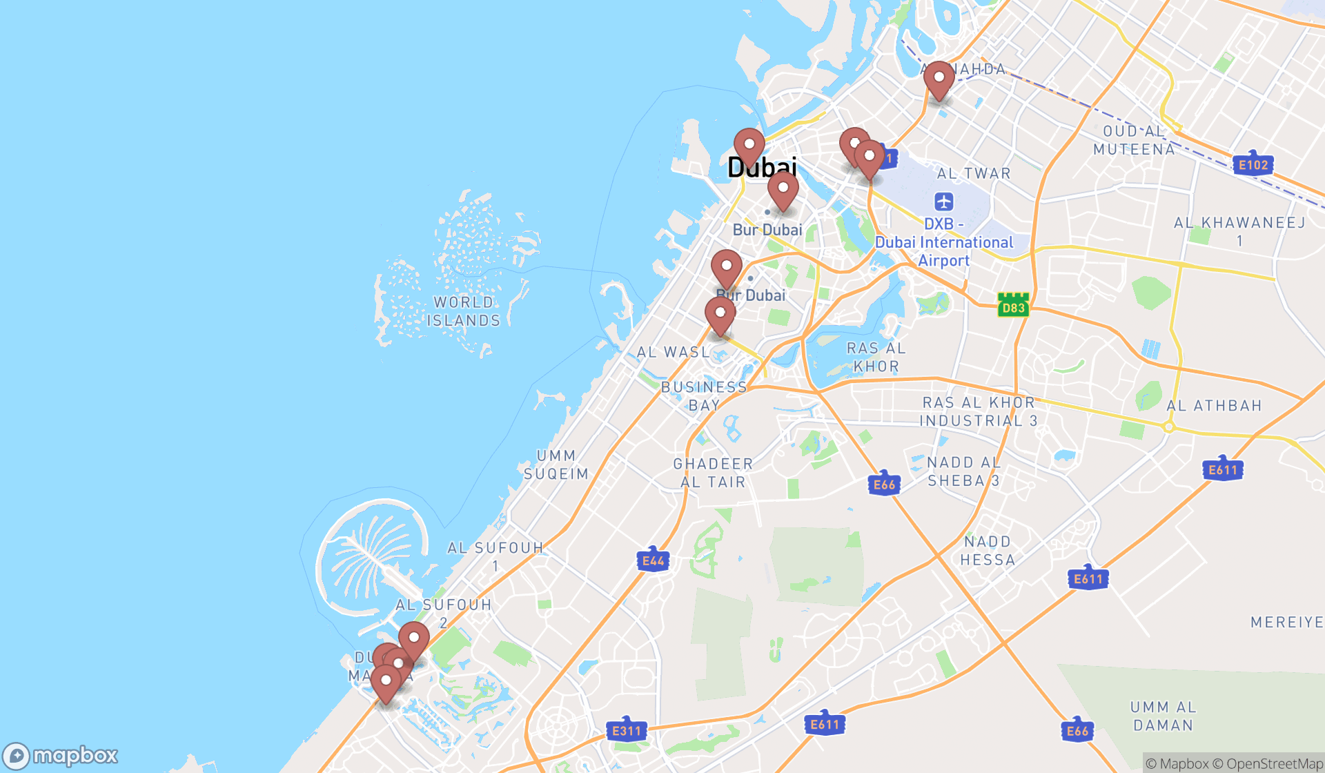 Map showing the search results in Dubai