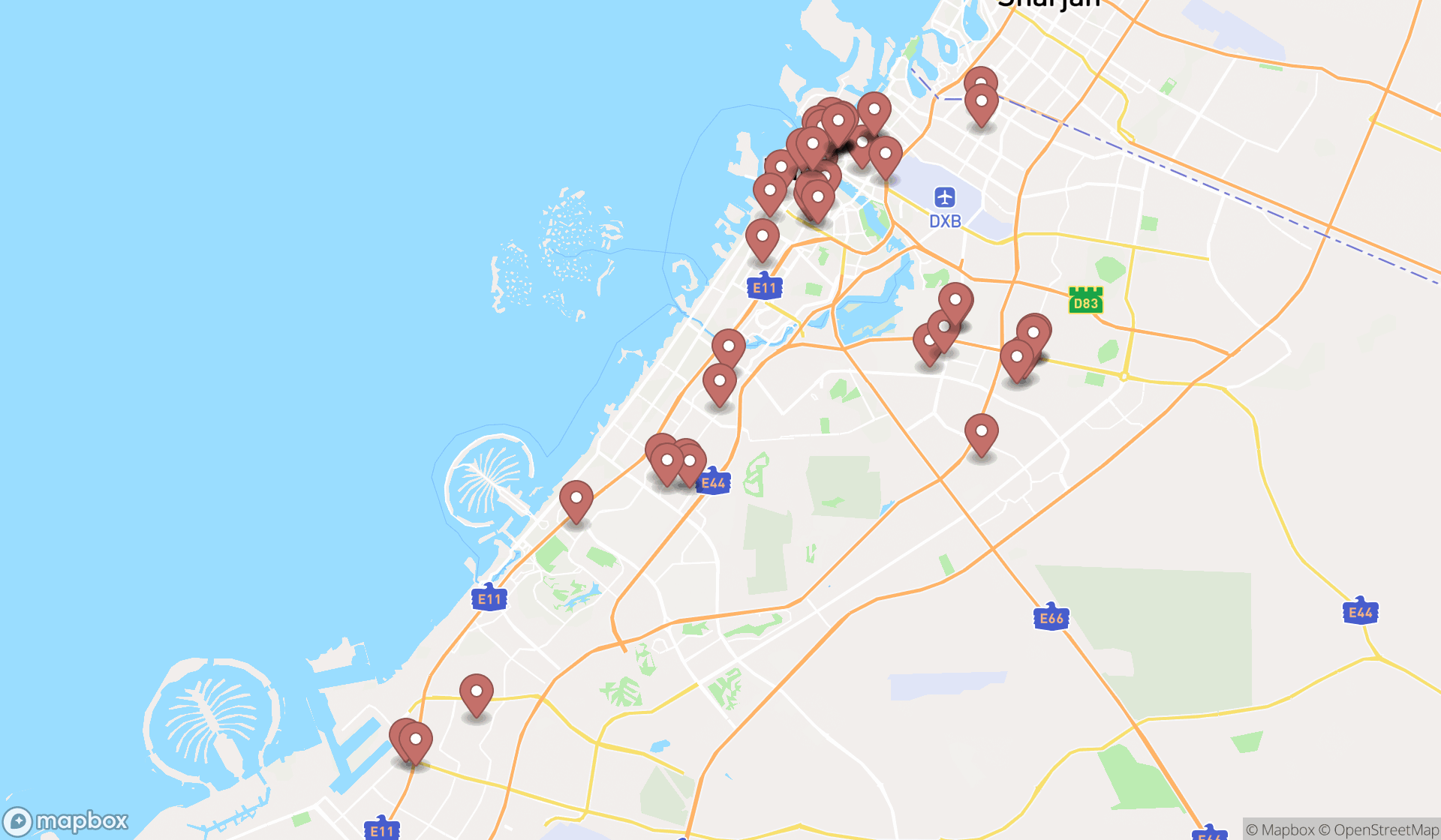 Map showing the search results in Dubai