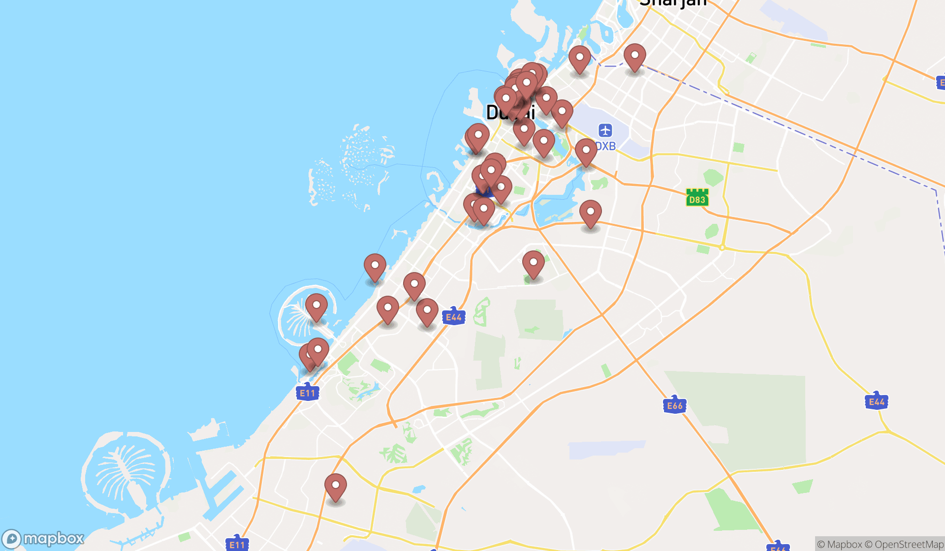 Map showing the search results in Dubai