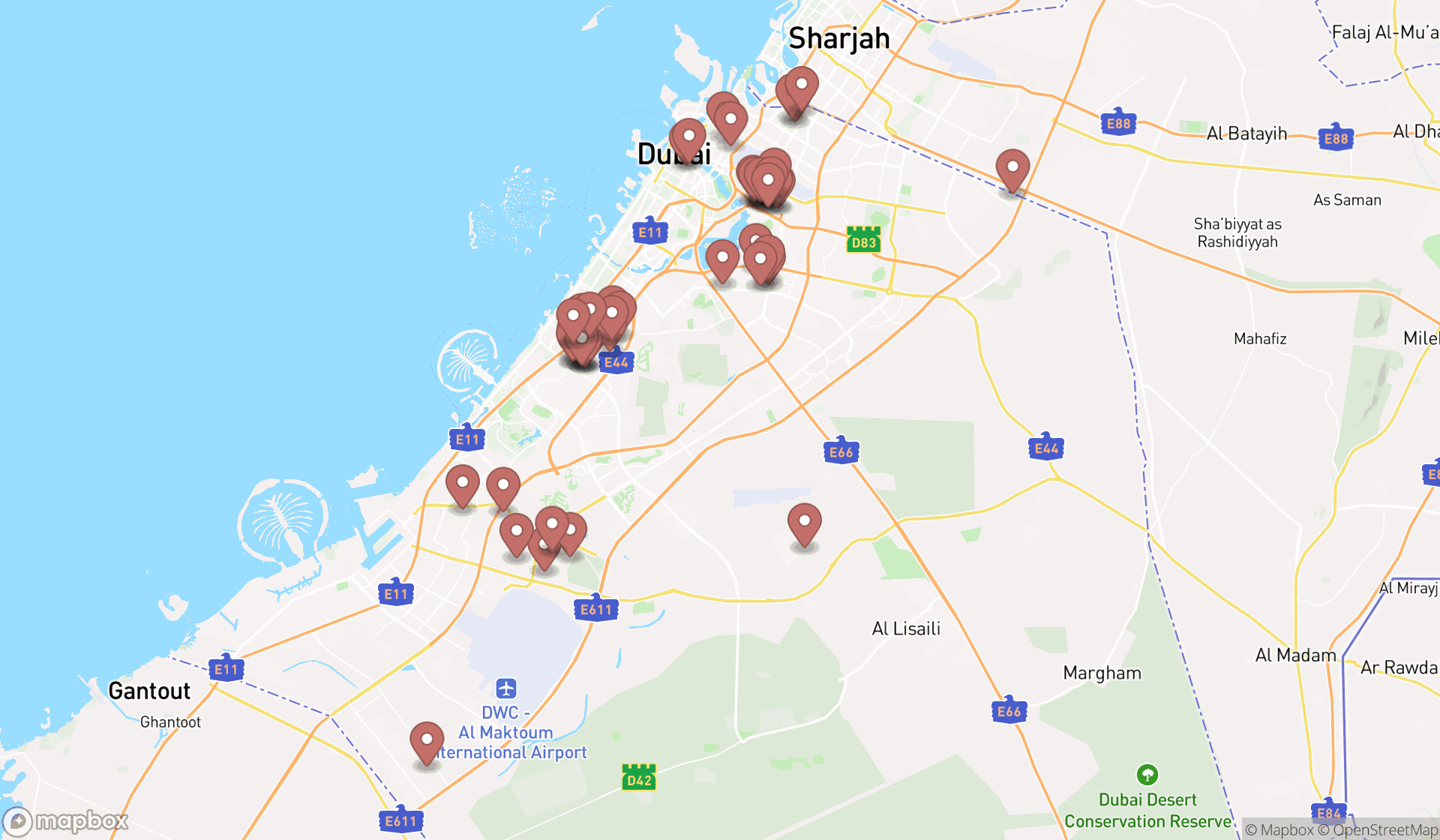 Map showing the search results in Dubai