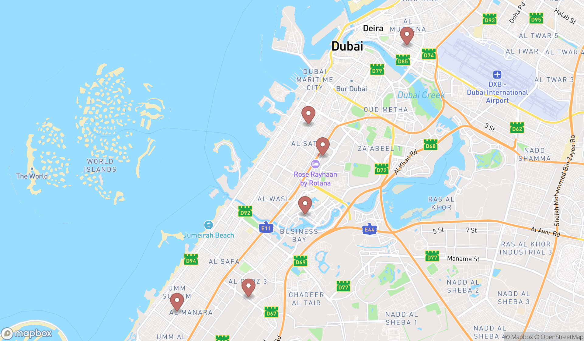 Map showing the search results in Dubai