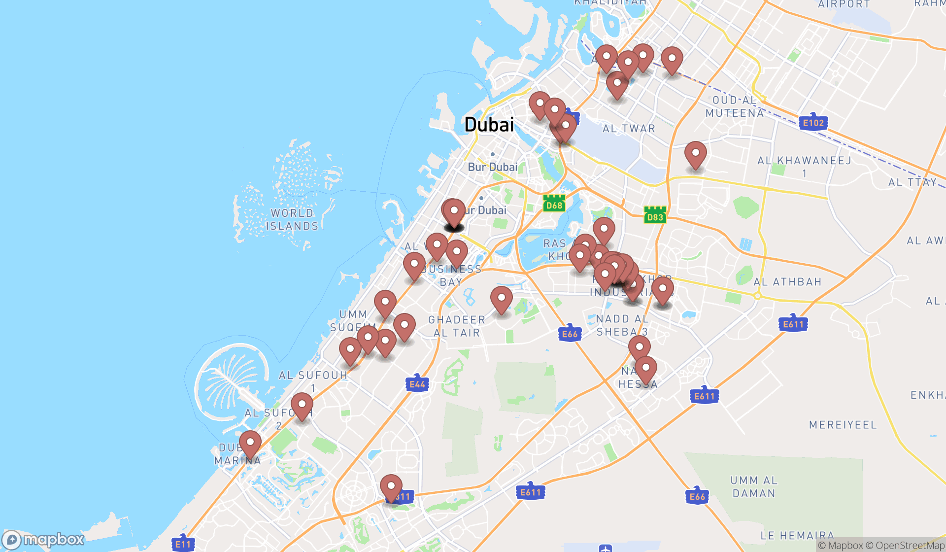 Map showing the search results in Dubai