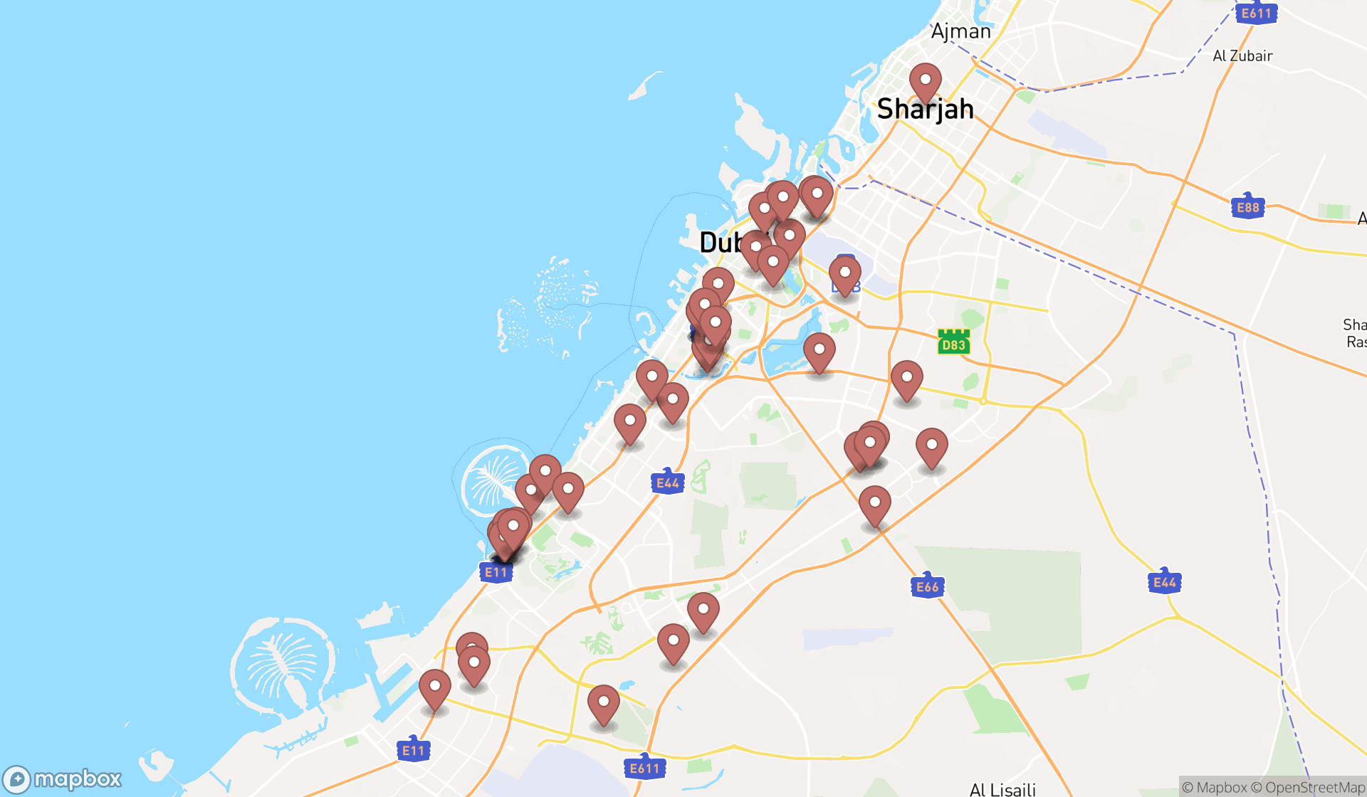 Map showing the search results in Dubai