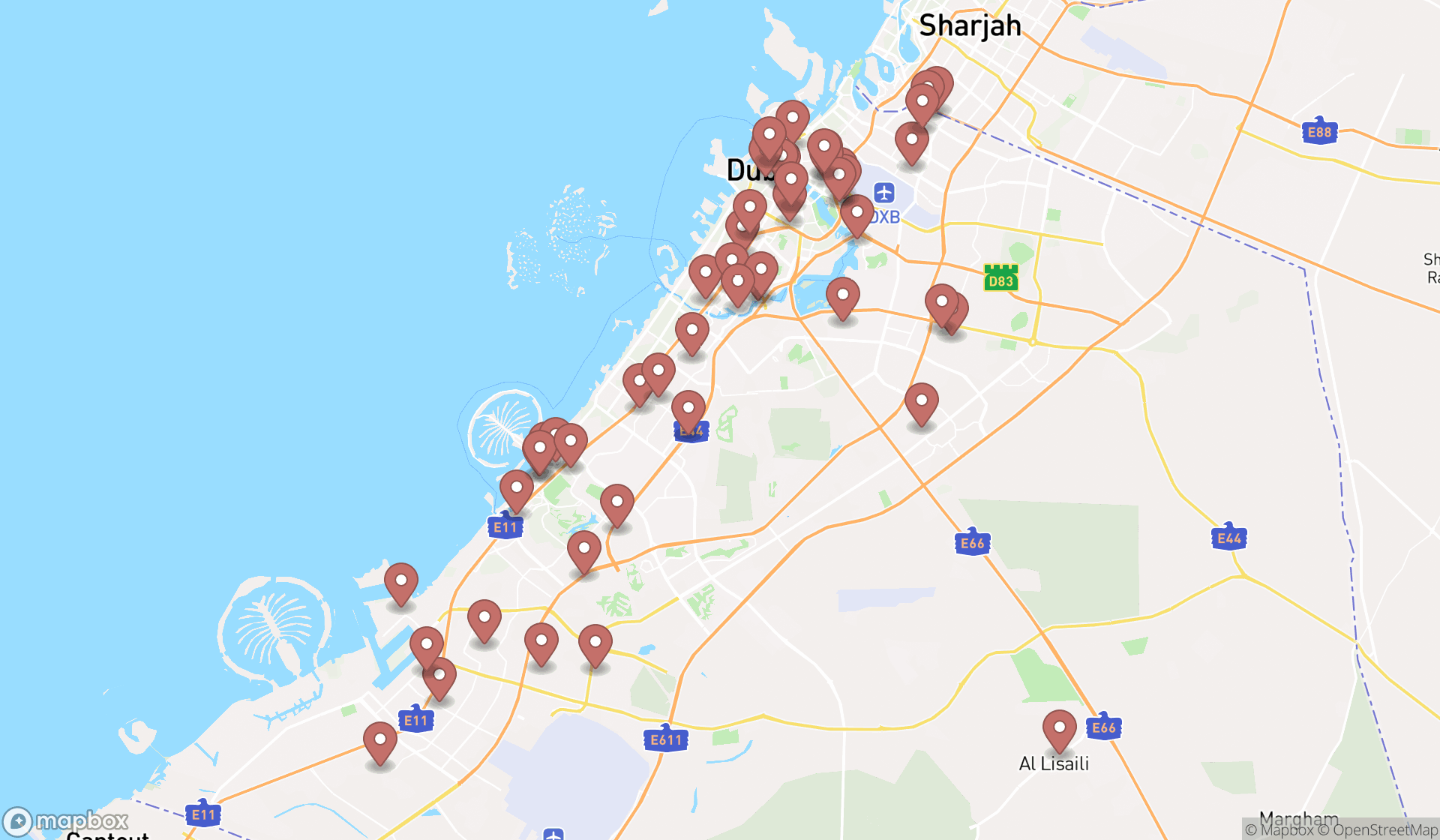 Map showing the search results in Dubai