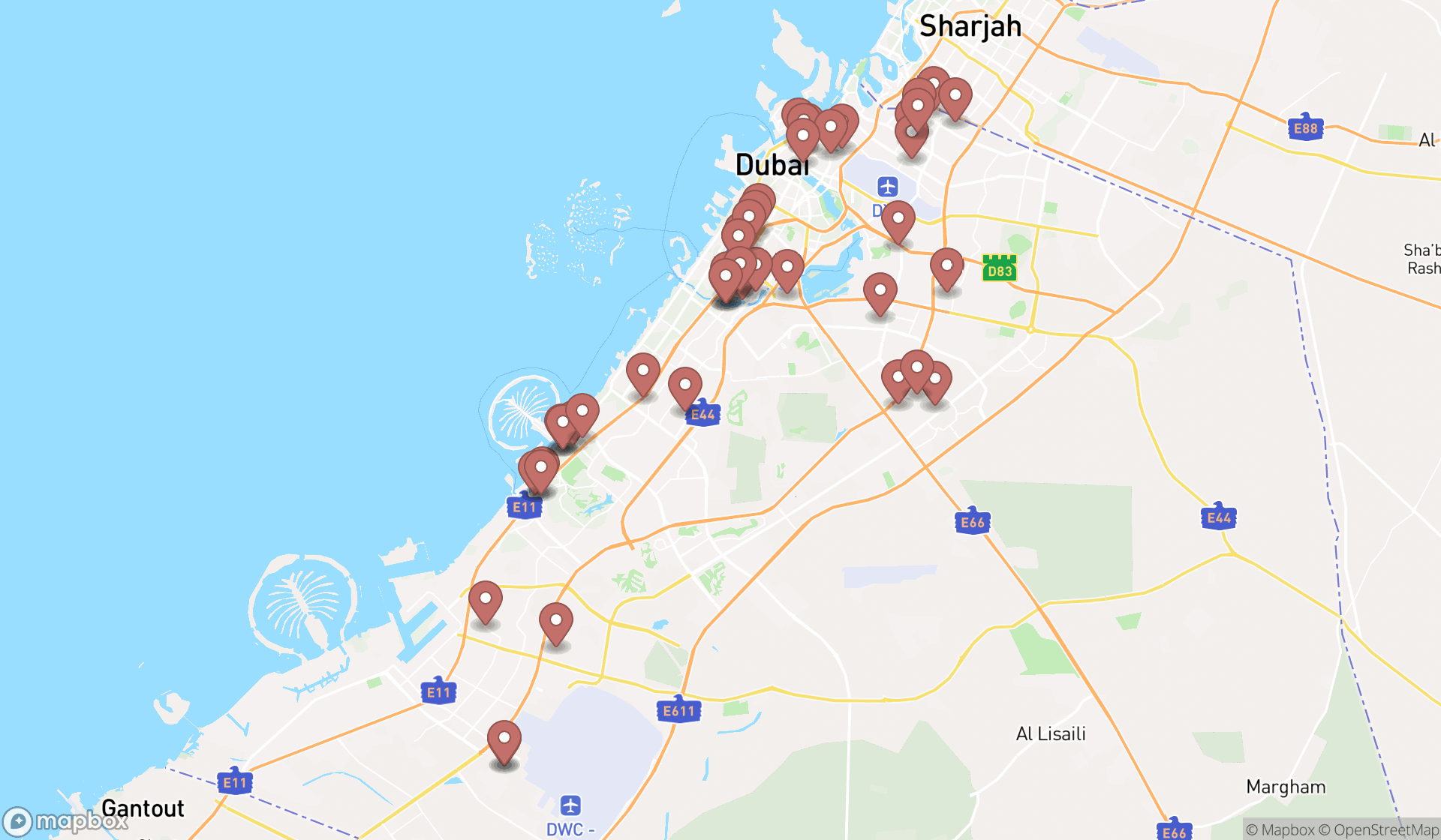 Map showing the search results in Dubai