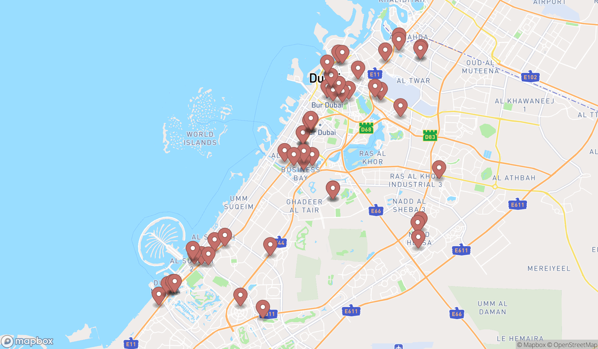 Map showing the search results in Dubai