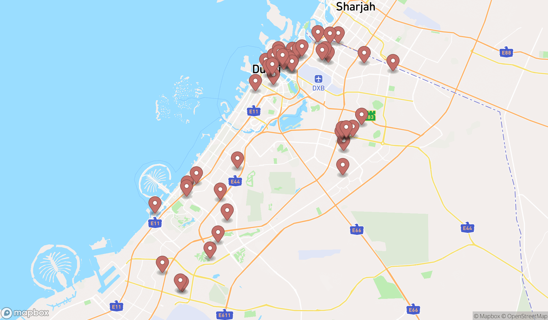 Map showing the search results in Dubai