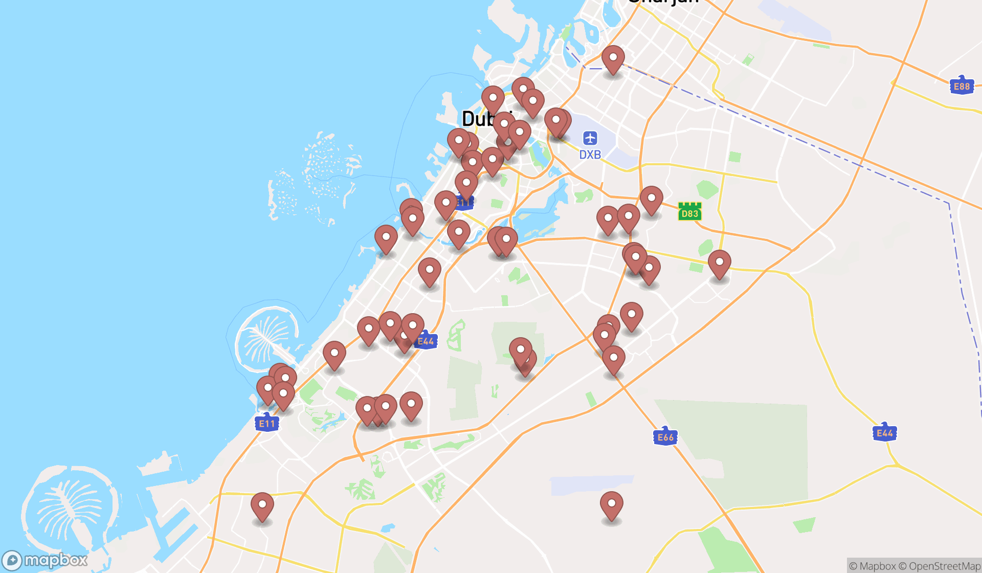 Map showing the search results in Dubai