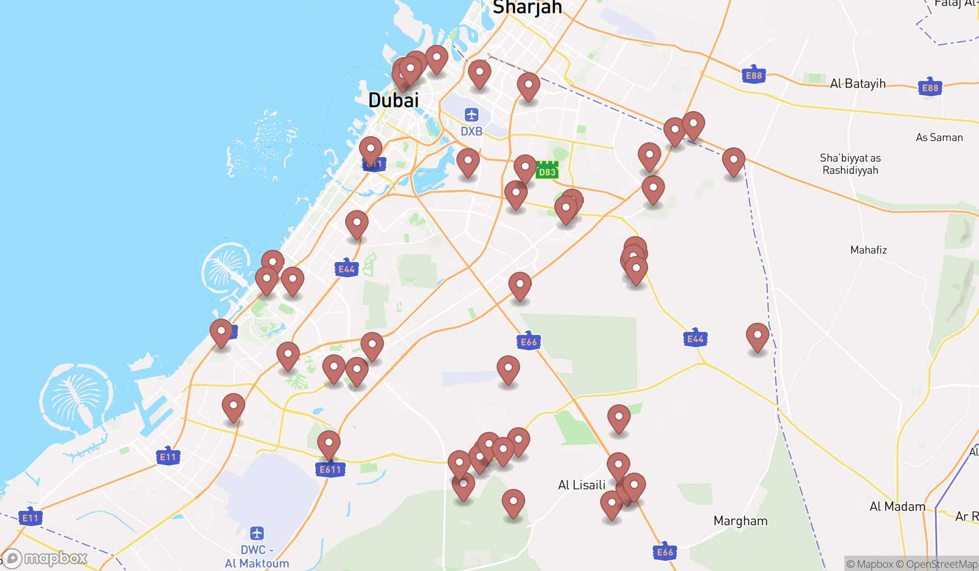 Map showing the search results in Dubai