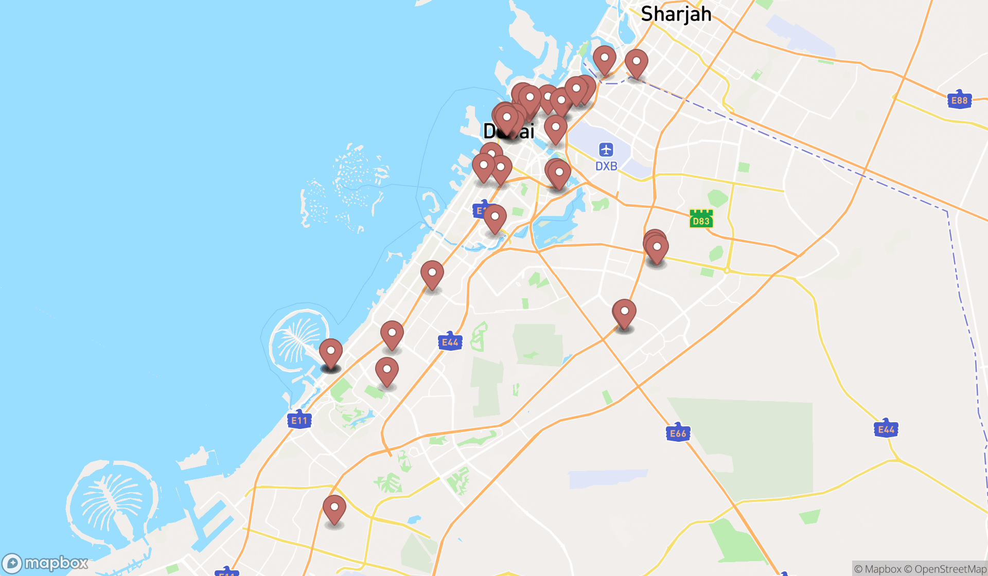 Map showing the search results in Dubai