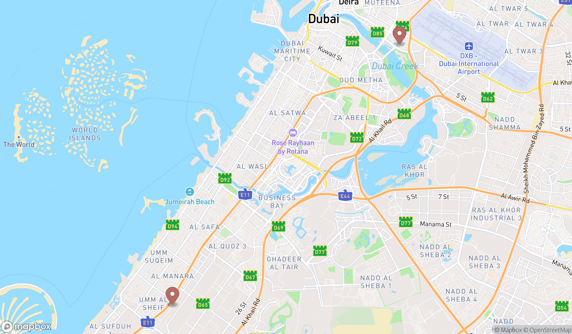 Map showing the search results in Dubai