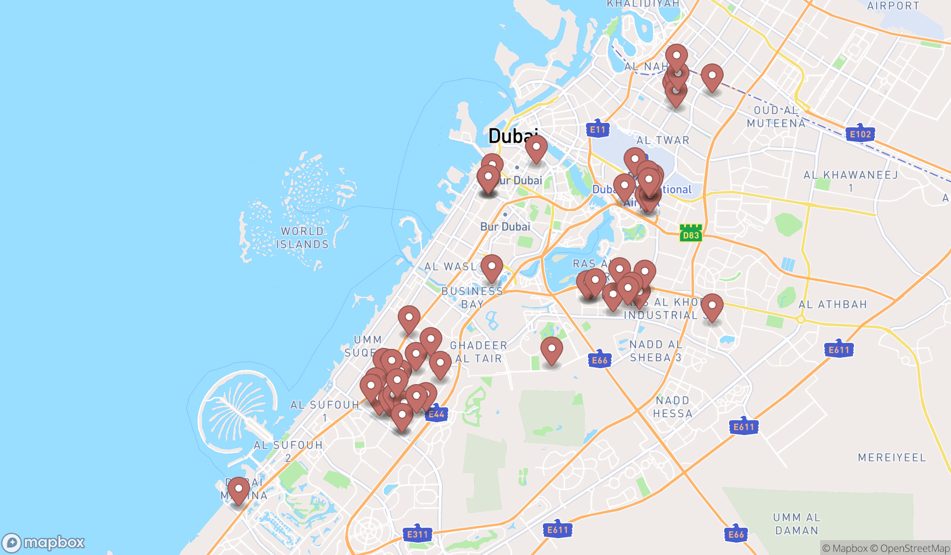 Map showing the search results in Dubai