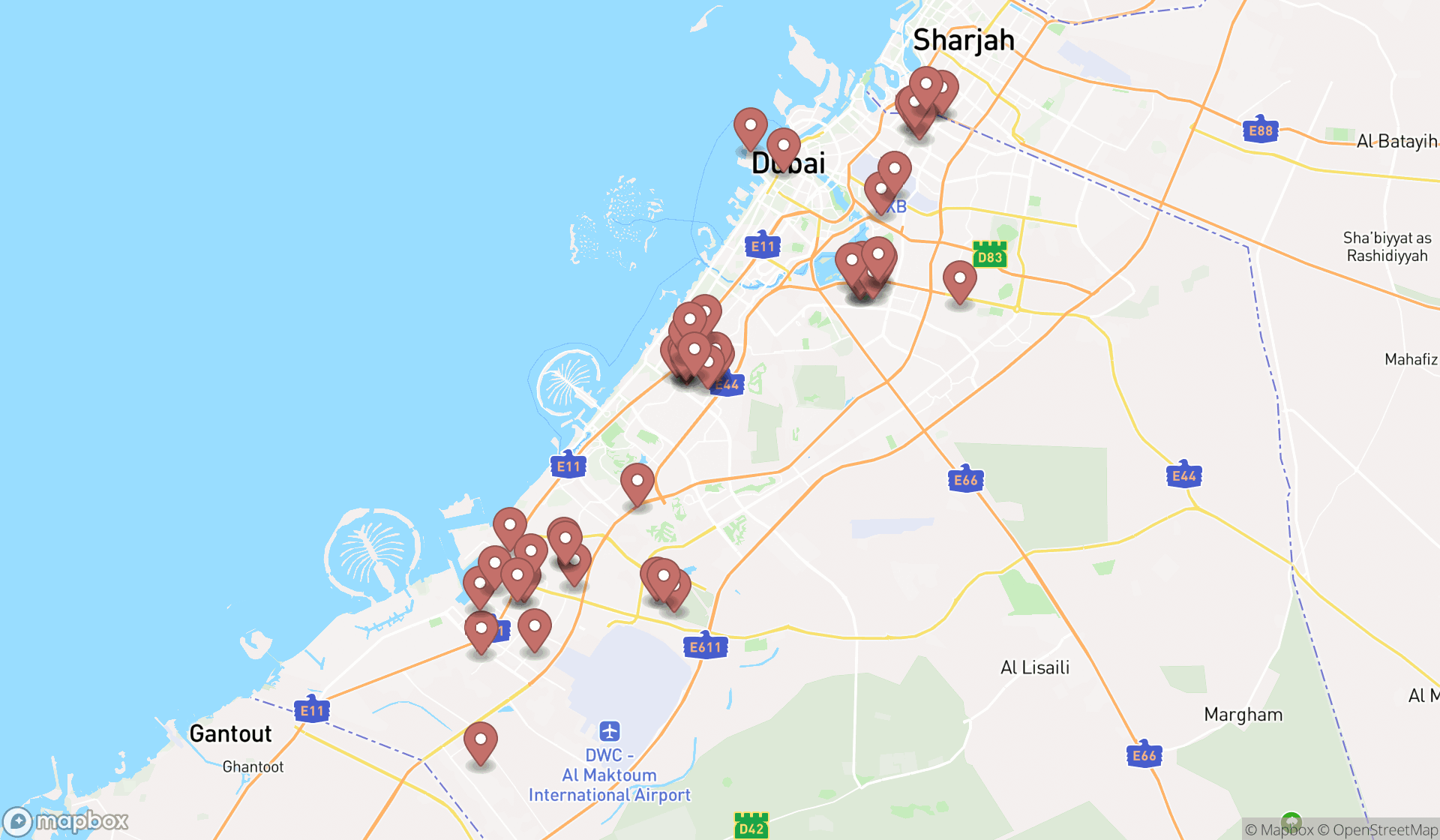 Map showing the search results in Dubai