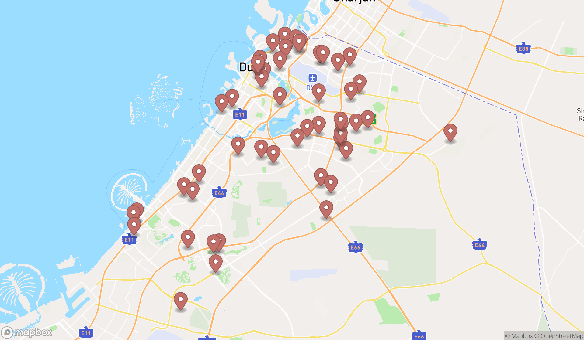 Map showing the search results in Dubai
