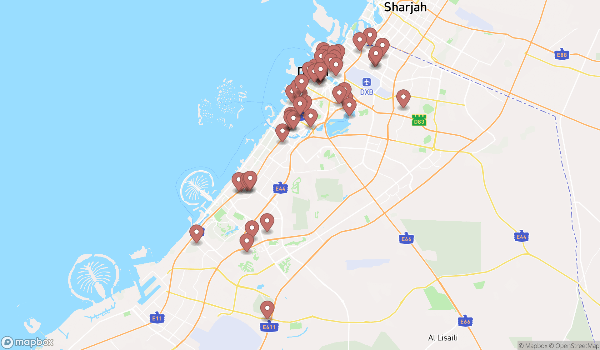 Map showing the search results in Dubai