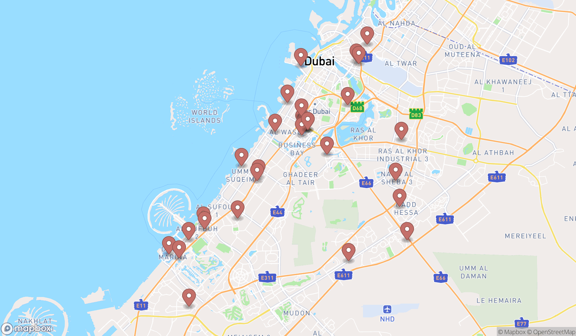 Map showing the search results in Dubai