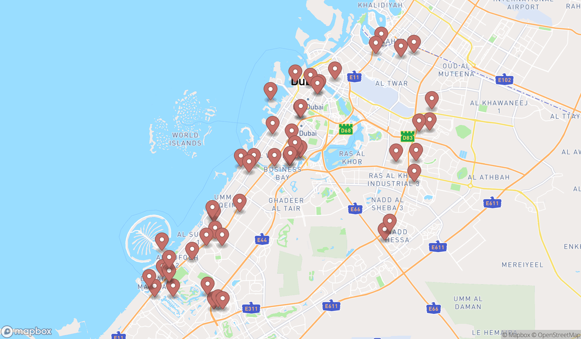 Map showing the search results in Dubai