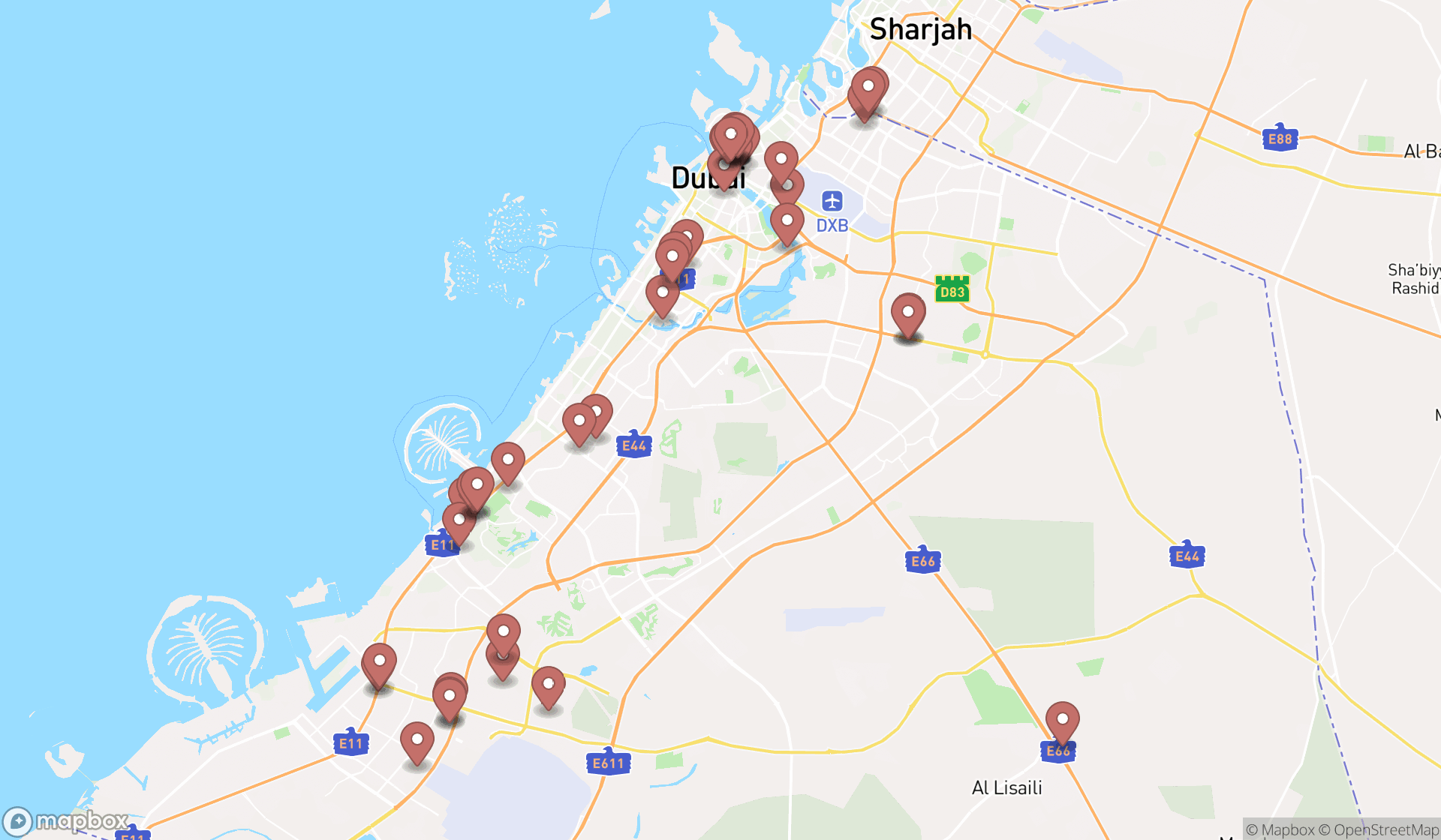 Map showing the search results in Dubai