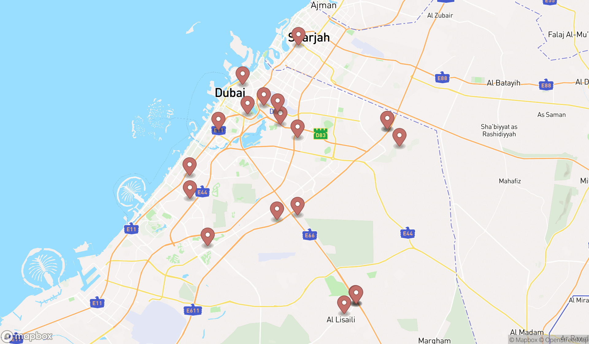 Map showing the search results in Dubai