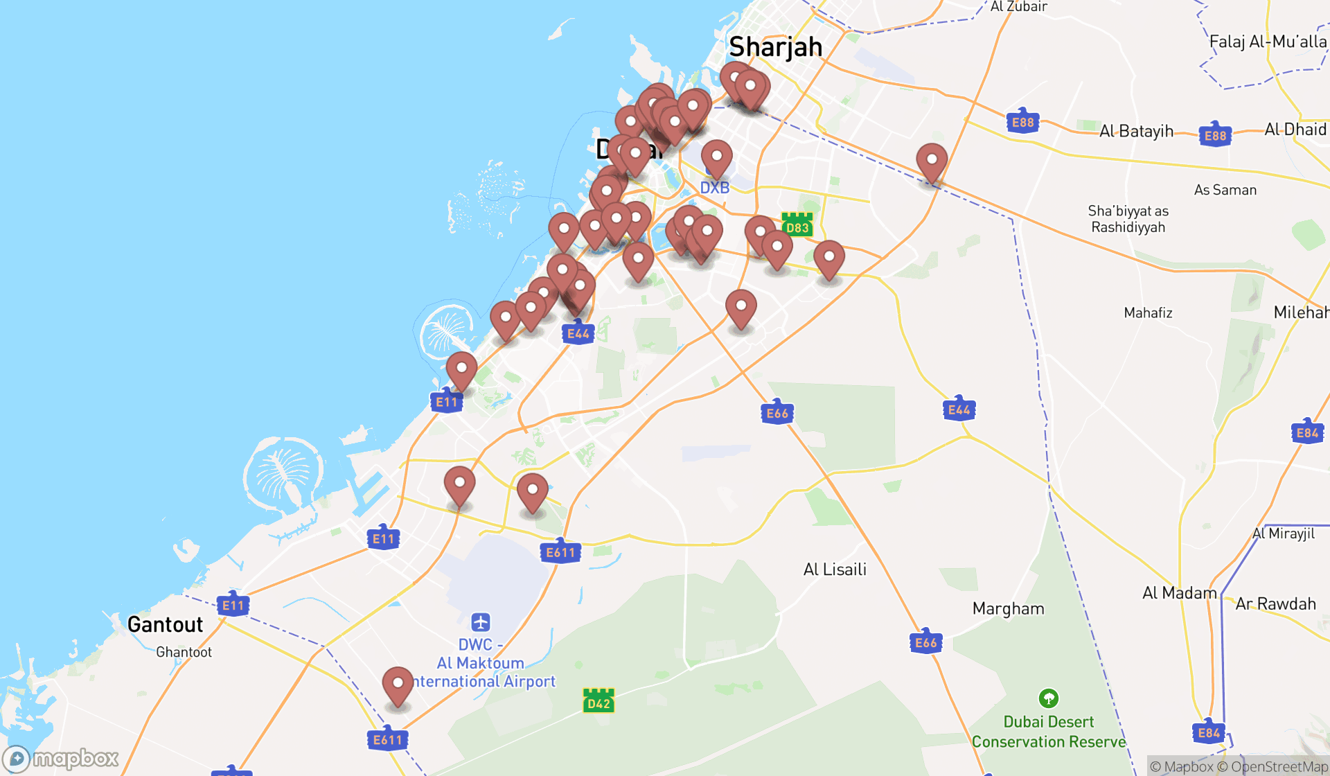Map showing the search results in Dubai