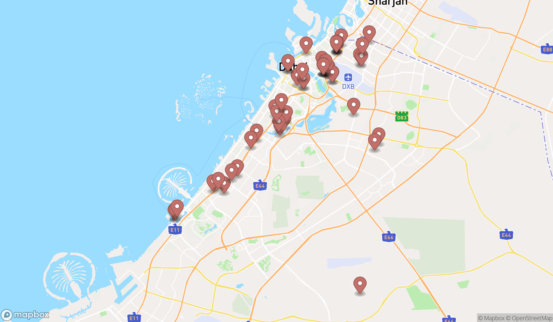 Map showing the search results in Dubai