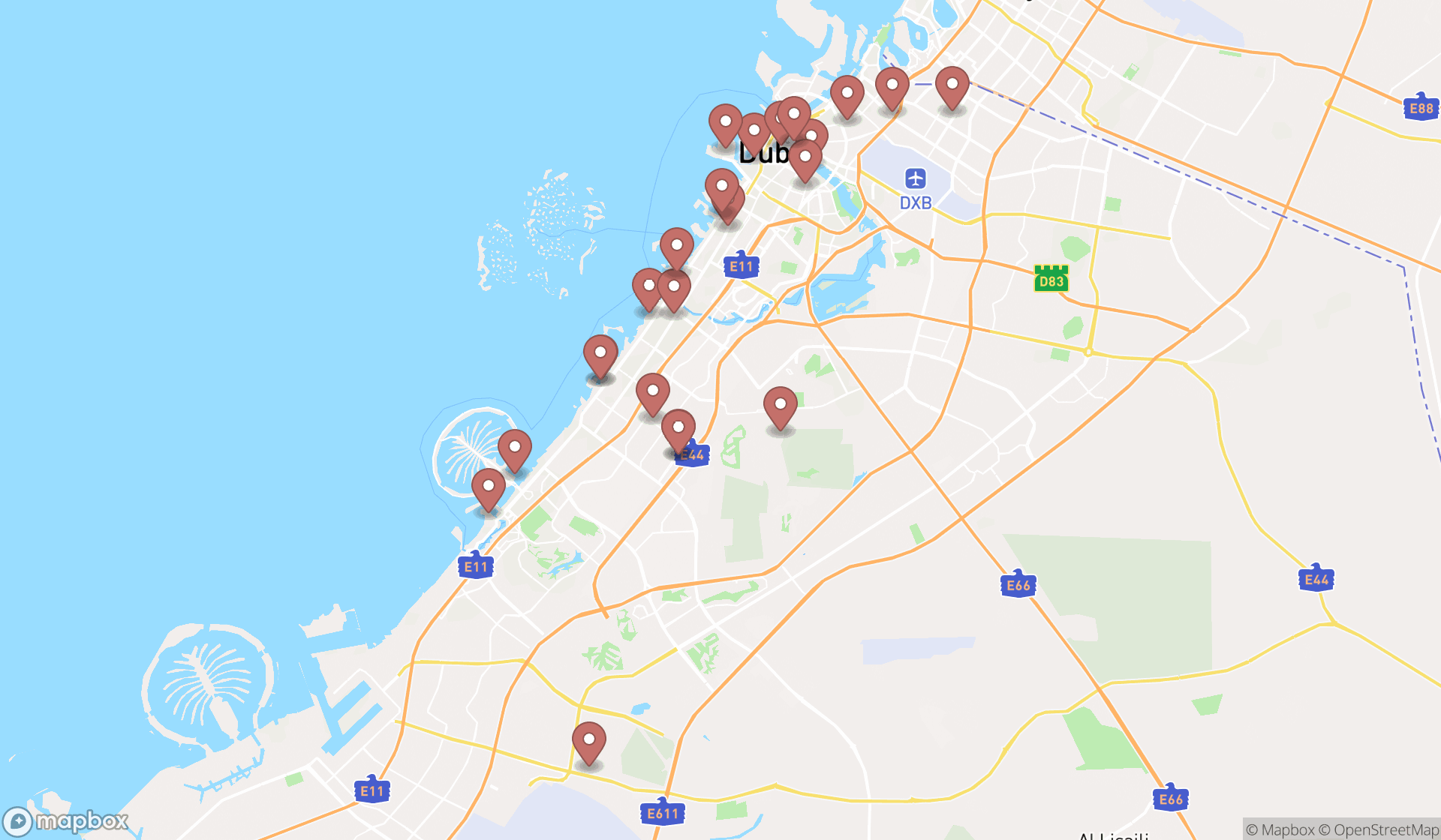 Map showing the search results in Dubai