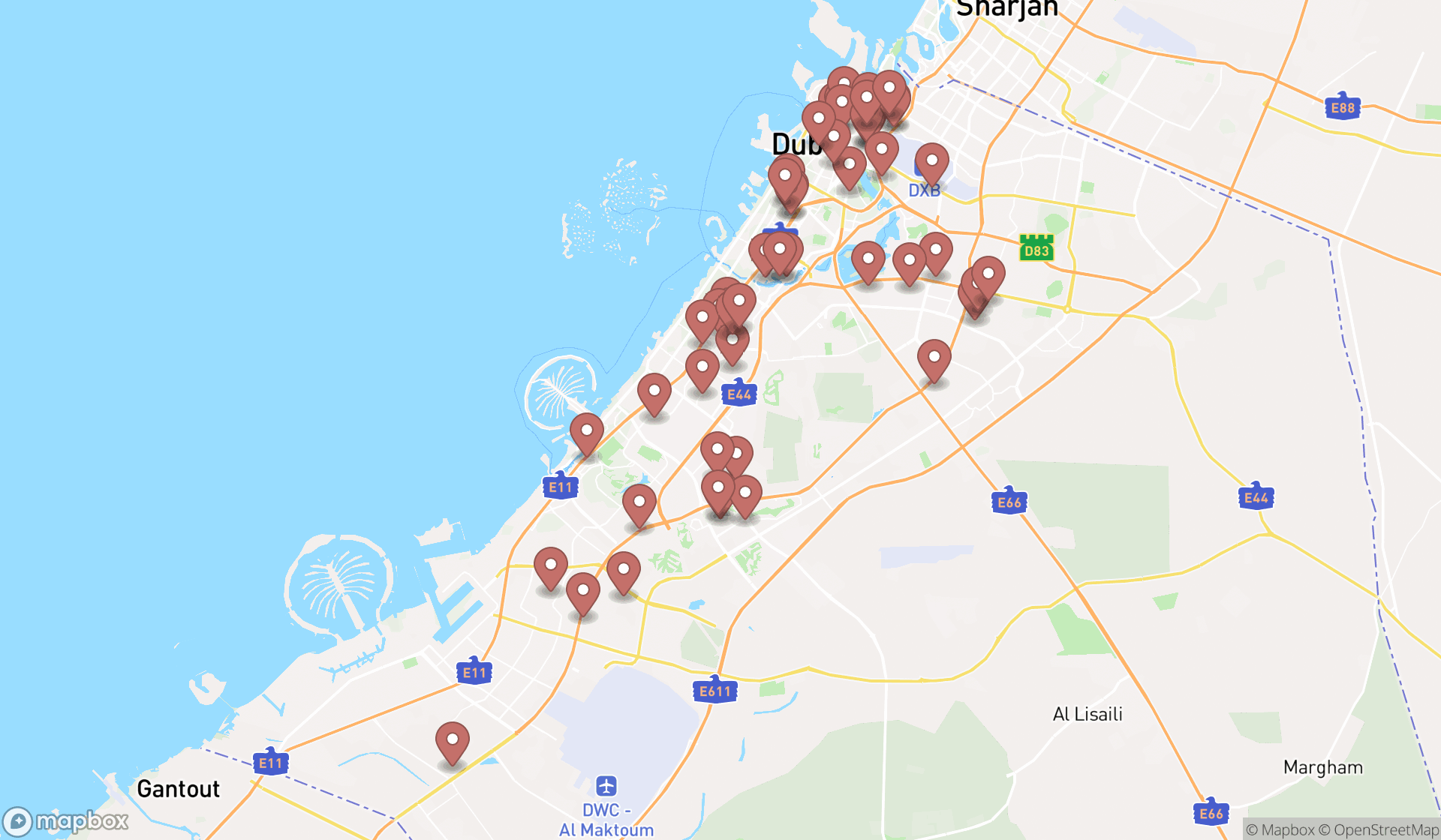 Map showing the search results in Dubai