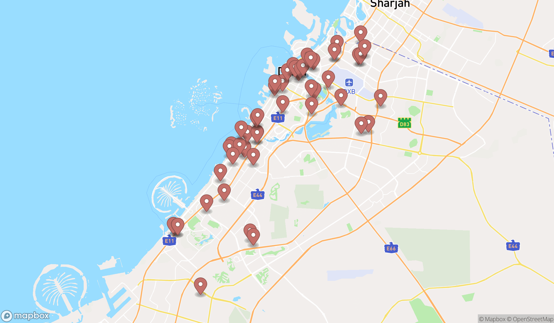 Map showing the search results in Dubai