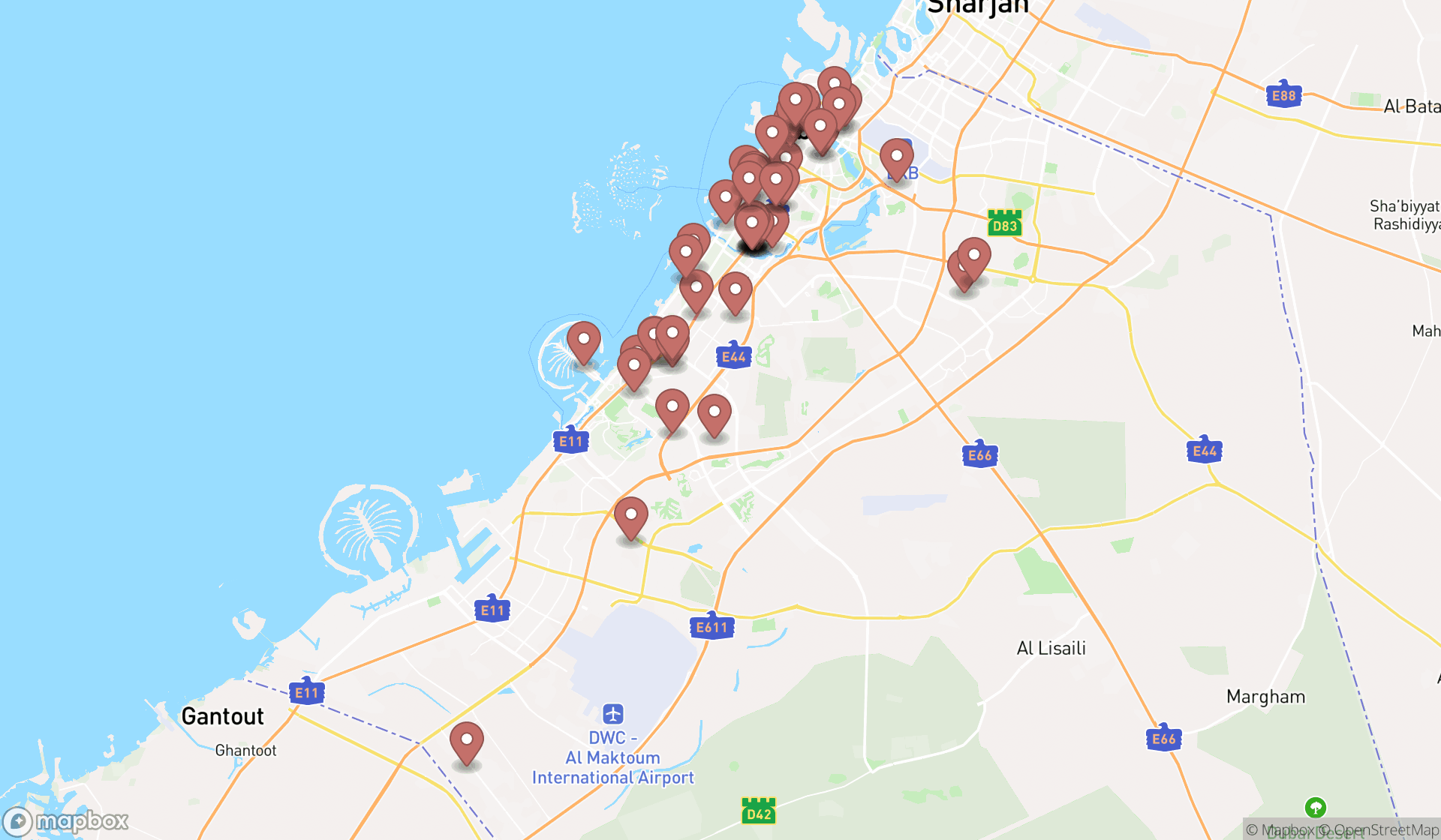 Map showing the search results in Dubai
