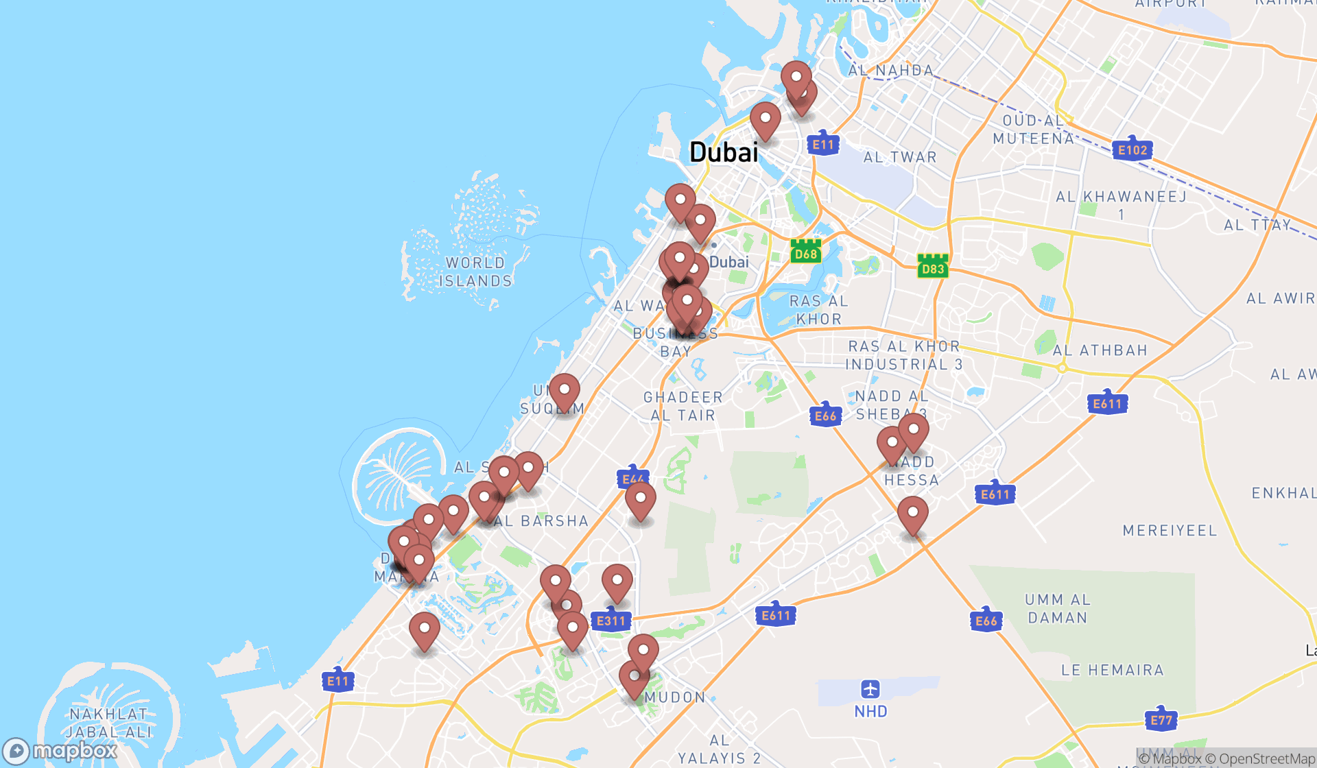 Map showing the search results in Dubai