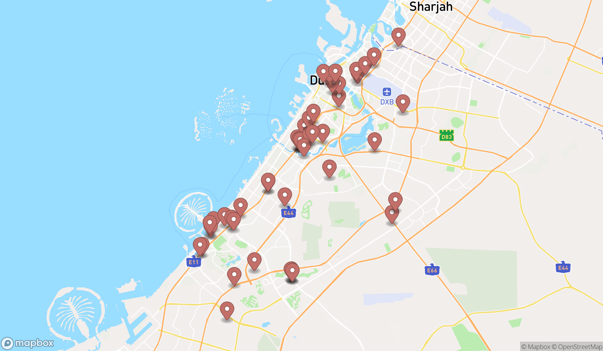 Map showing the search results in Dubai
