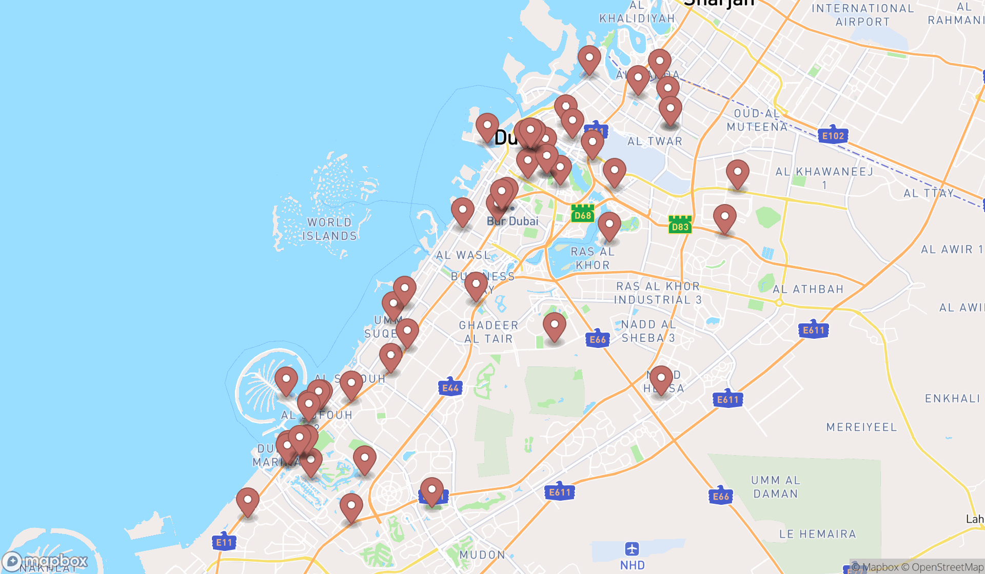 Map showing the search results in Dubai