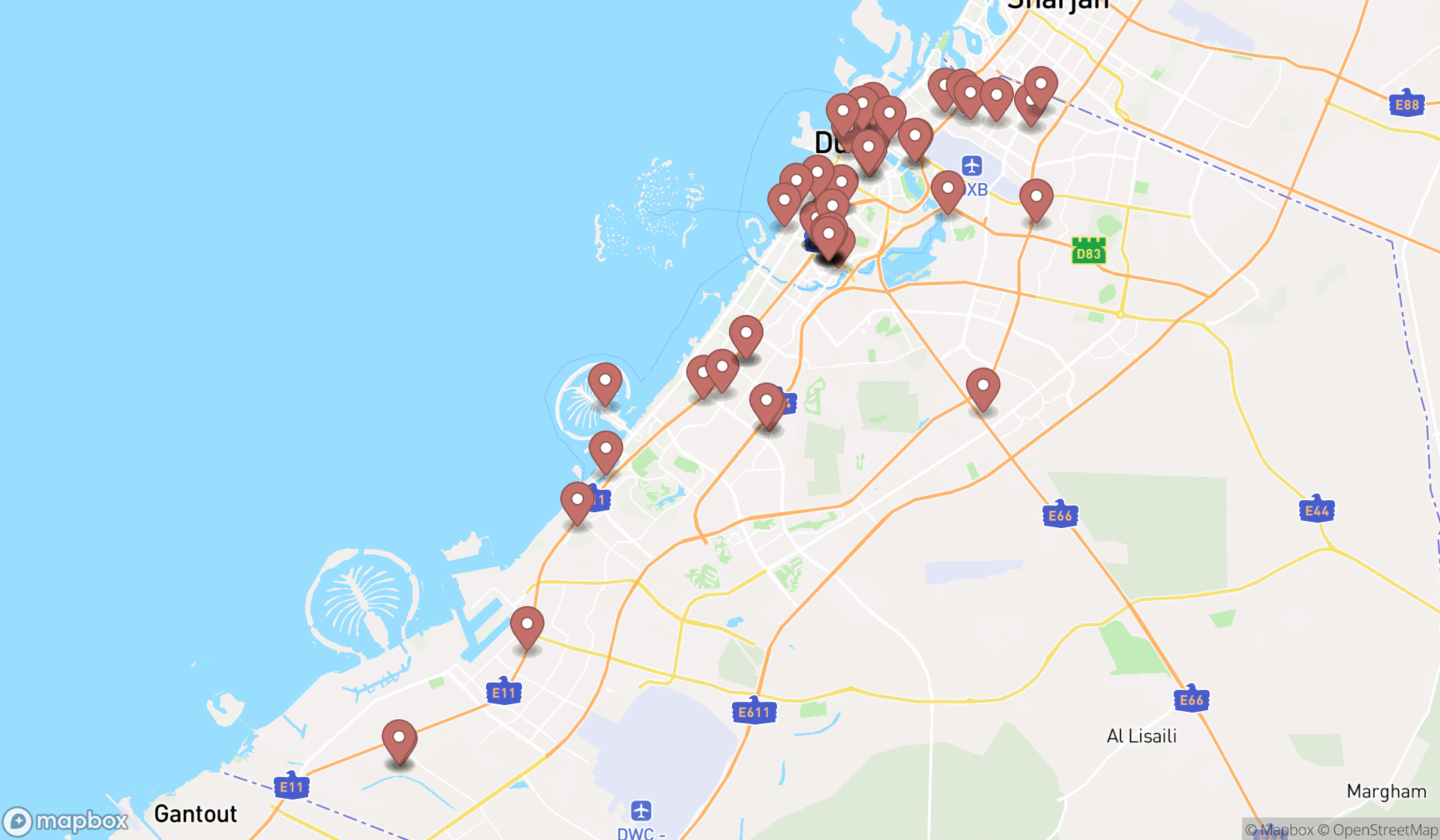 Map showing the search results in Dubai