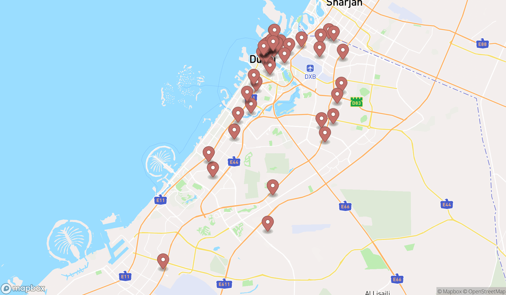 Map showing the search results in Dubai