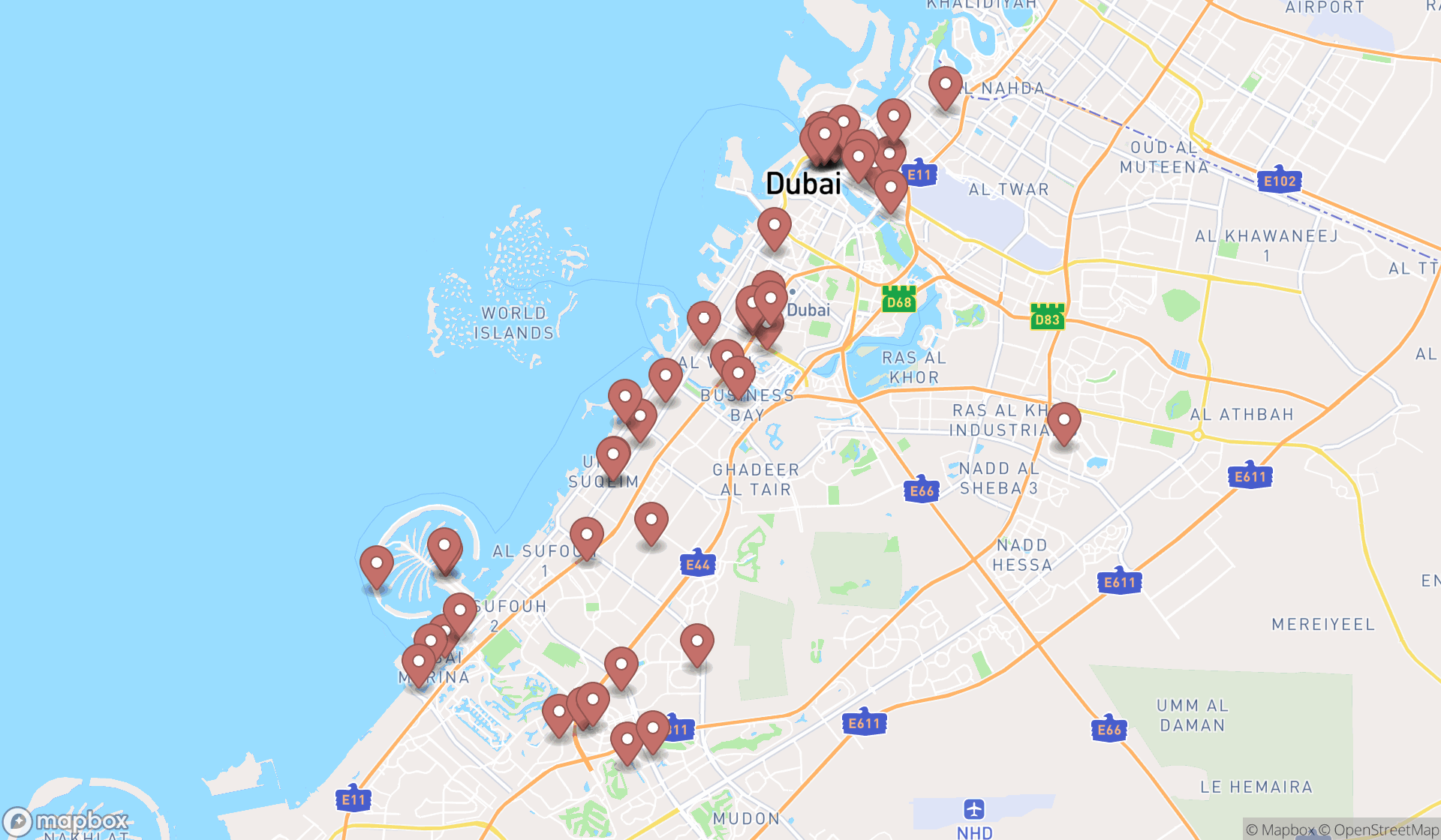 Map showing the search results in Dubai