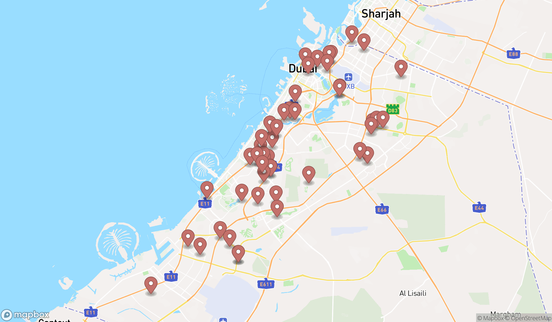 Map showing the search results in Dubai