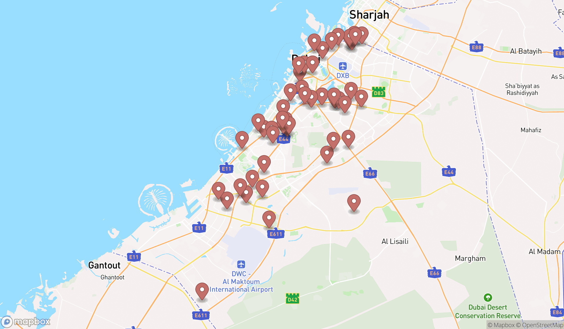 Map showing the search results in Dubai
