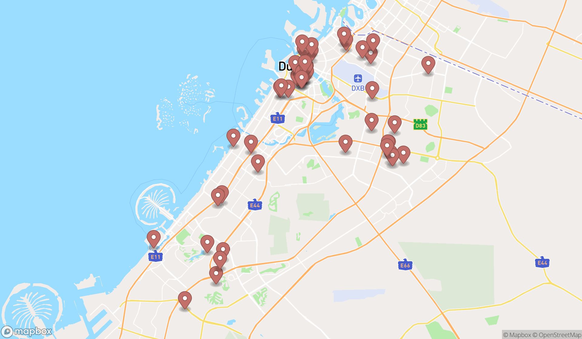Map showing the search results in Dubai