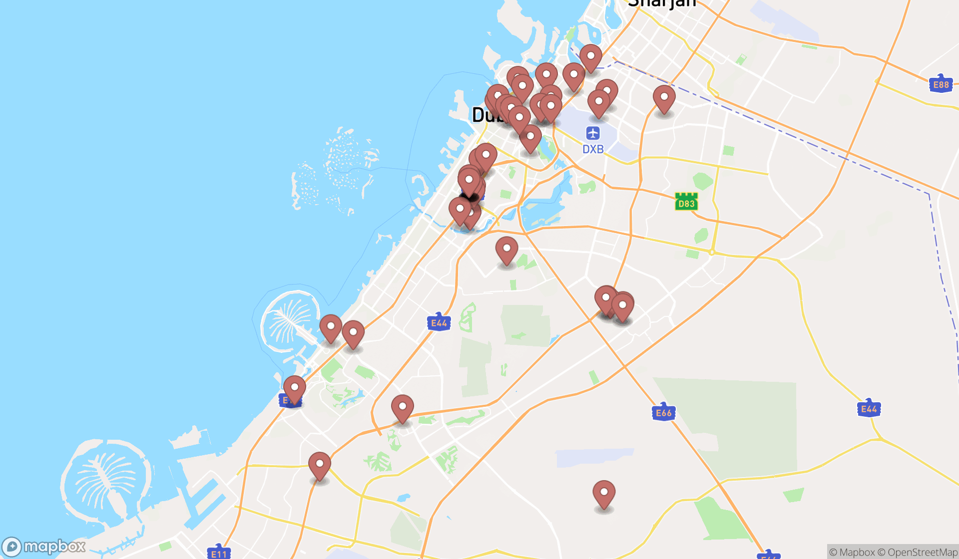 Map showing the search results in Dubai