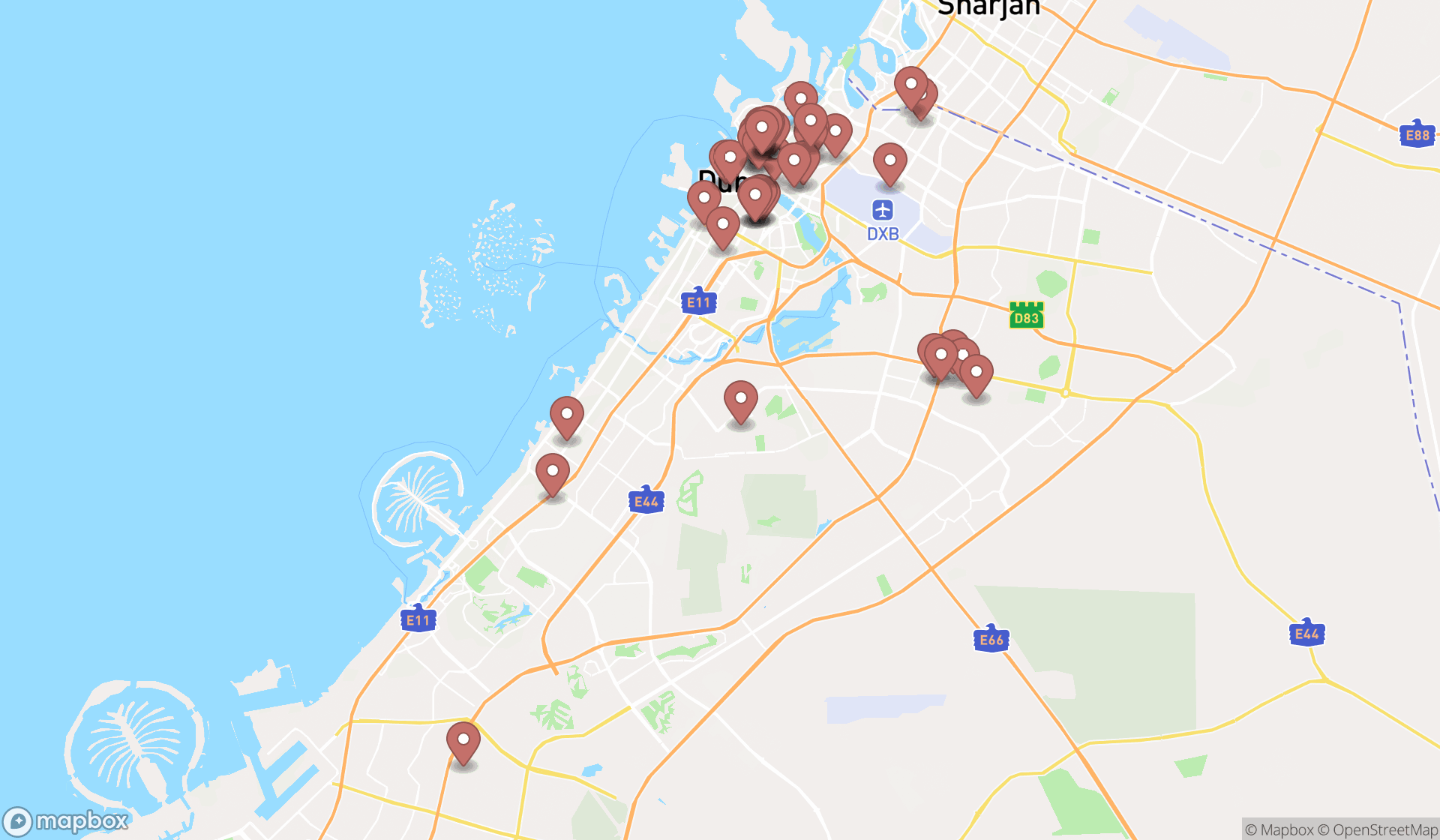 Map showing the search results in Dubai