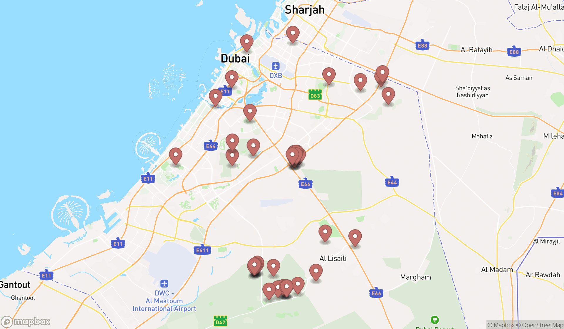 Map showing the search results in Dubai