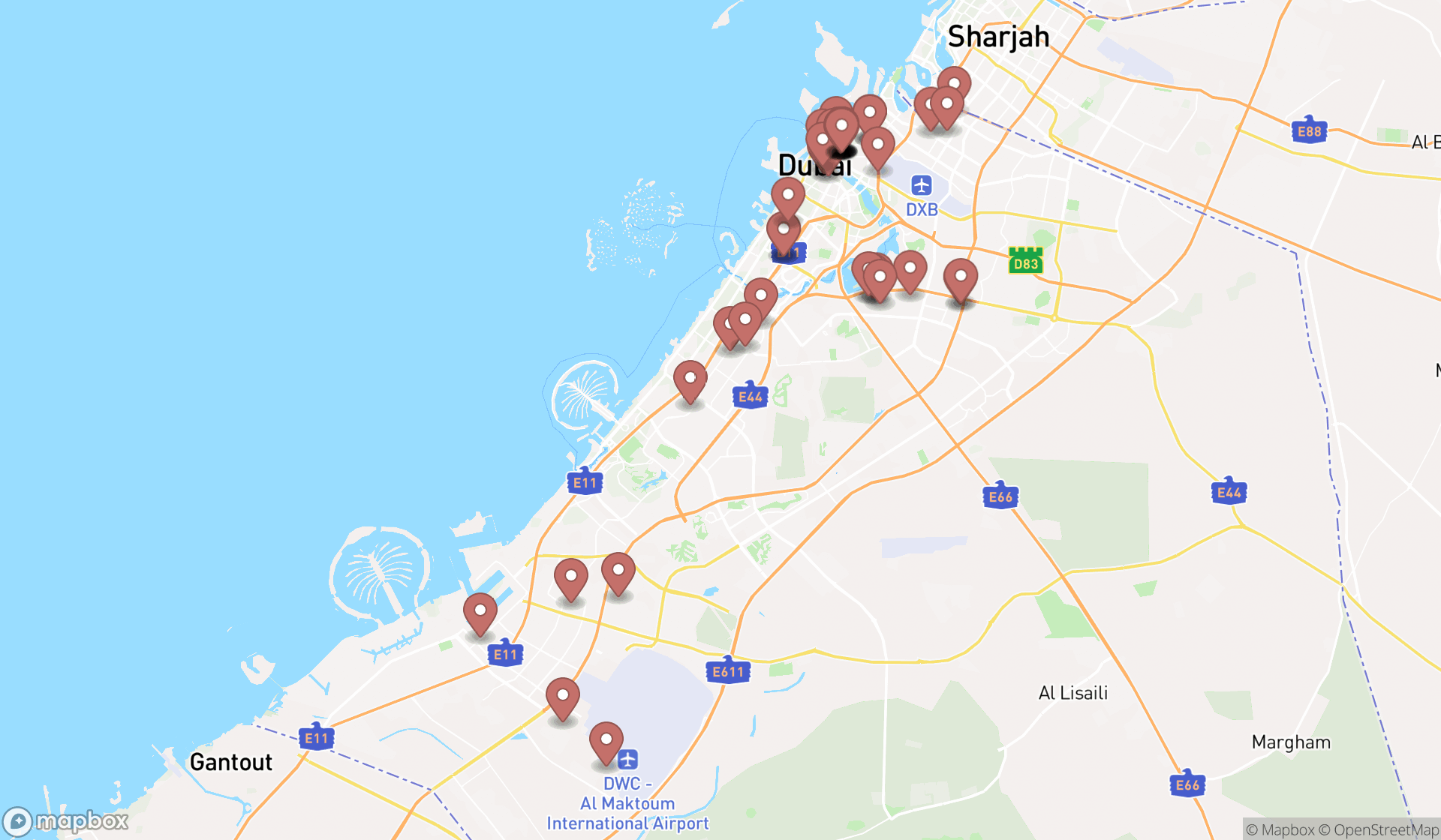 Map showing the search results in Dubai