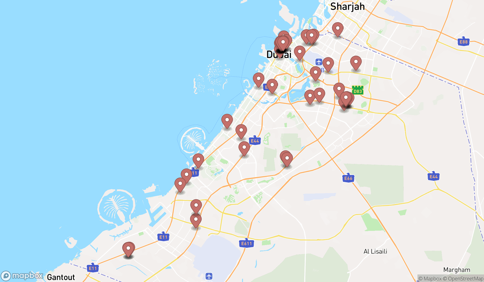 Map showing the search results in Dubai