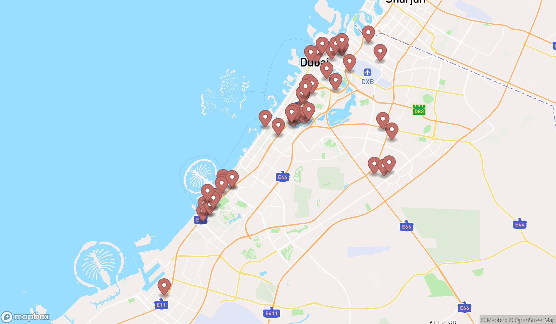 Map showing the search results in Dubai
