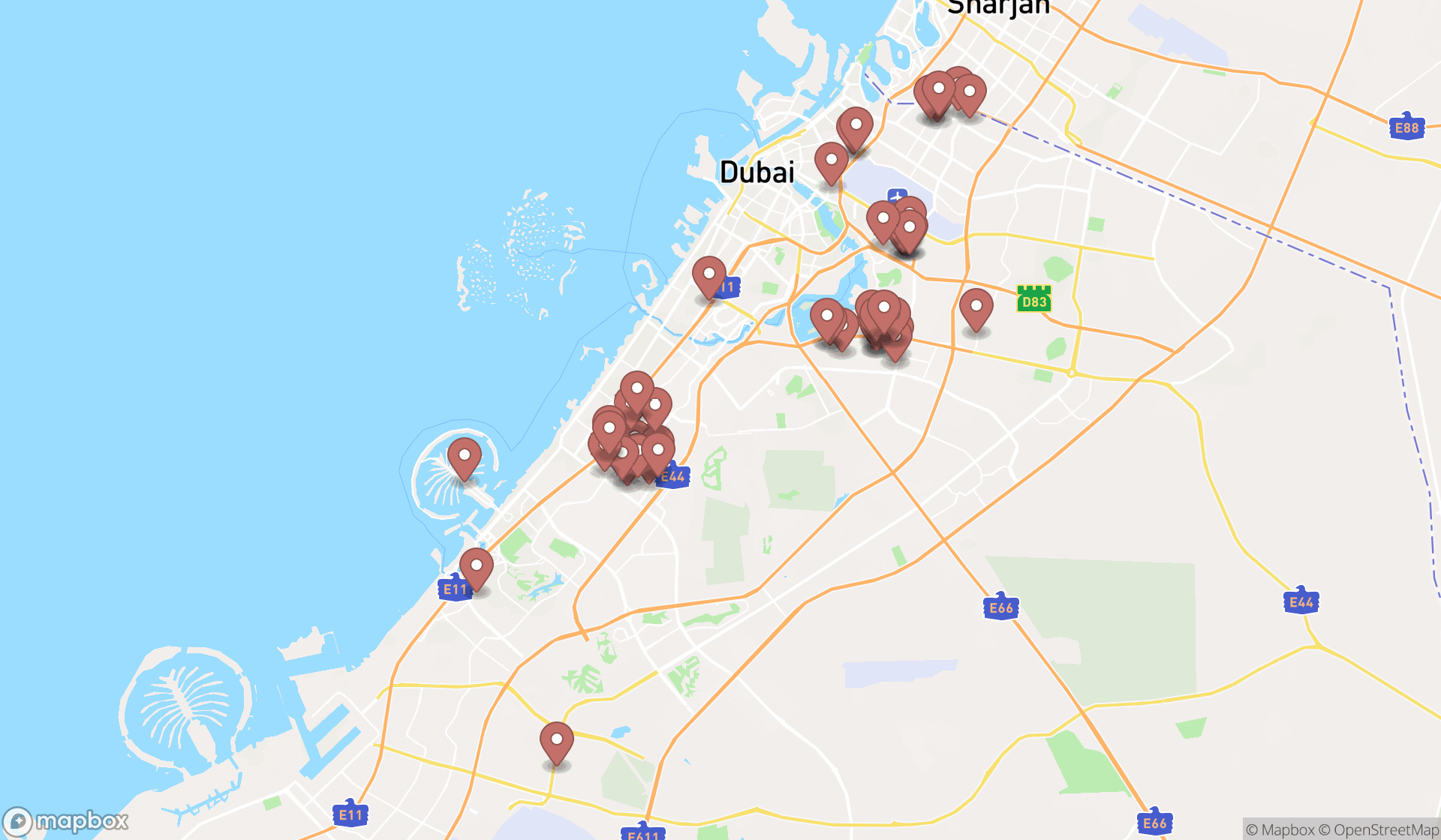 Map showing the search results in Dubai